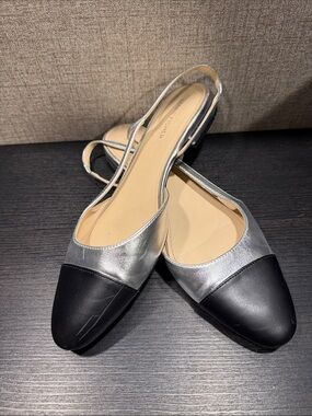 Marc Fisher Silver and Black Slingback Flats